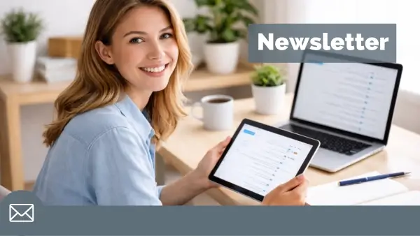 Woman checking email on tablet for Test-English newsletter with new lessons and tests