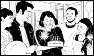 A woman surrounded by friends, celebrating her birthday with sparklers and a cake.