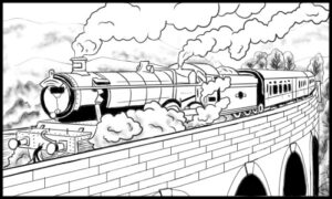 Black and white drawing of a steam train crossing a bridge.