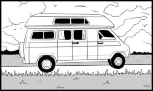 Black and white drawing of a camper van parked outdoors.
