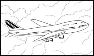 Black and white drawing of a plane flying through the clouds.