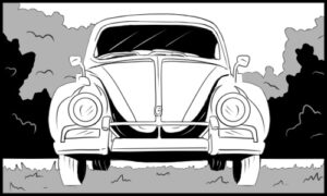 Black and white drawing of a classic car viewed from the front.