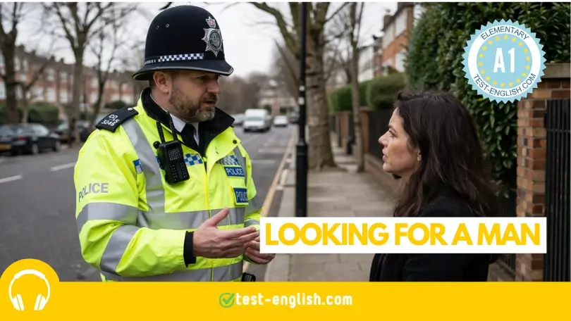British police officer talking to a woman on a residential street for an A1 English listening test