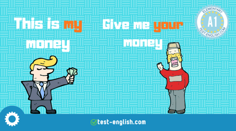 Illustration of two men arguing over money with 'my' and 'your' for A1 grammar lesson on possessive adjectives