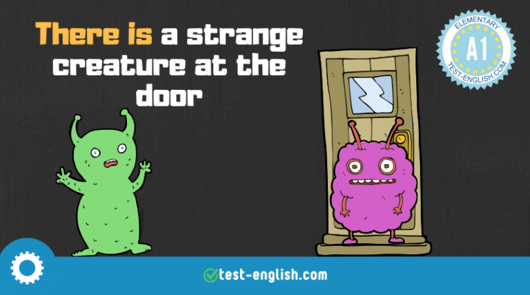 Illustration of strange creatures at a door for A1 grammar lesson on 'there is' and 'there are'