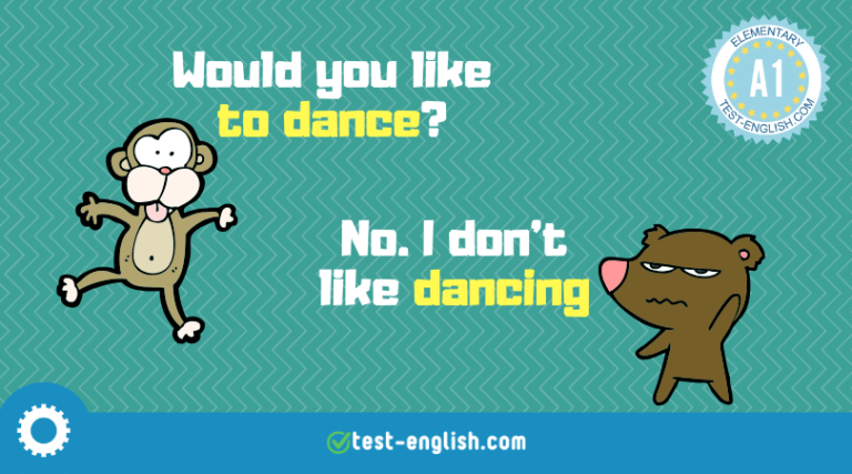 Illustration of a monkey dancing and a bear refusing for A1 grammar lesson on infinitive and -ing verbs