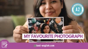 Woman holding a photo of herself blowing out birthday candles for A2 writing lesson 'My favourite photograph'