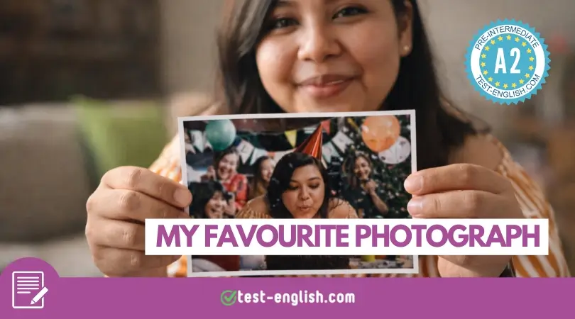 Woman holding a photo of herself blowing out birthday candles for A2 writing lesson 'My favourite photograph'