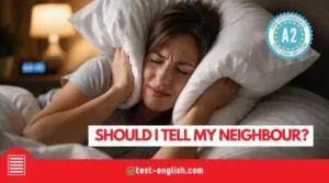 Woman covering her ears with a pillow in bed at night because of loud neighbour noise for A2 English reading test