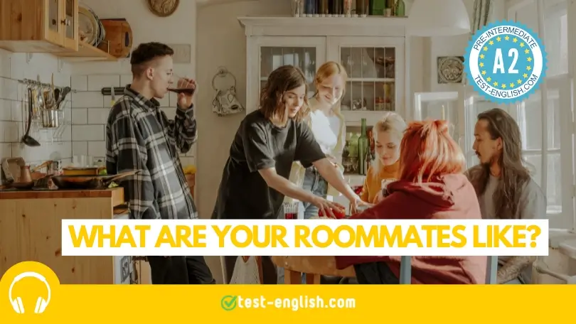 Image of five college students talking and smiling in a bright kitchen for an A2 listening test about describing people.