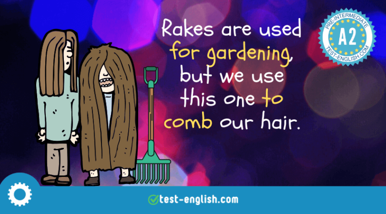 HIllustration of two people with a rake for A2 grammar lesson on using 'to' and 'for' for purpose