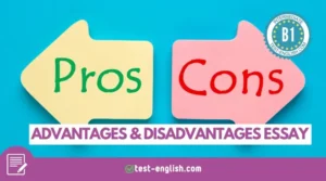 Pros and cons arrows illustration for B1 writing lesson on advantages and disadvantages essay