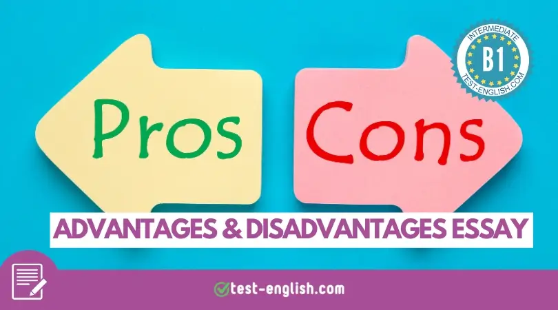Pros and cons arrows illustration for B1 writing lesson on advantages and disadvantages essay