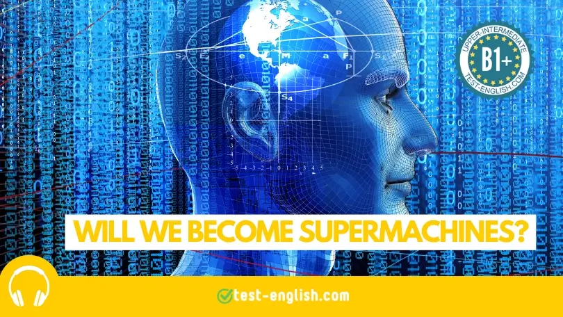 Futuristic human head with data and world map, showing AI and human-machine integration for B1+ listening test