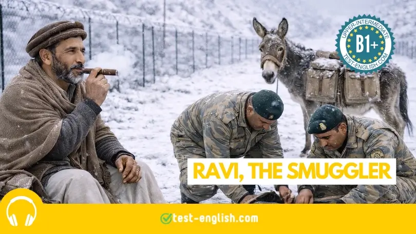 Man with donkey questioned by border guards for B1+ listening test on crime and smuggling
