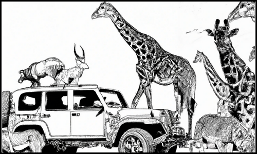 Safari jeep with giraffes and antelopes for the B1 Preliminary PET Speaking Task 3 holiday options
