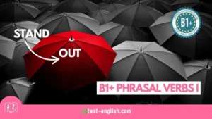Red umbrella standing out among black umbrellas with the phrasal verb 'stand out' for a B1+ phrasal verbs lesson