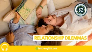 Couple lying on a sofa reading together for B2 English Listening Test on relationship dilemmas