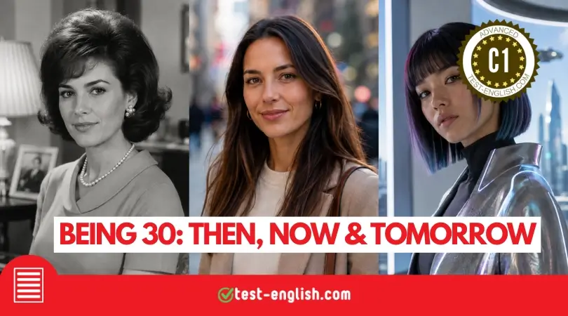 Three women representing the past, present and future in the C1 English reading test “Being 30: Then, Now and Tomorrow”.