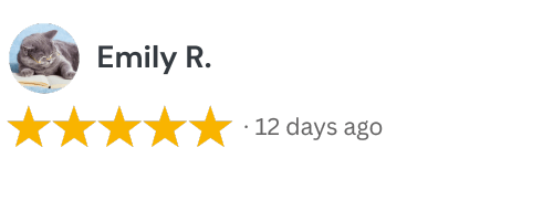 5-star book review by Emily R. with a cat profile picture, posted 12 days ago.