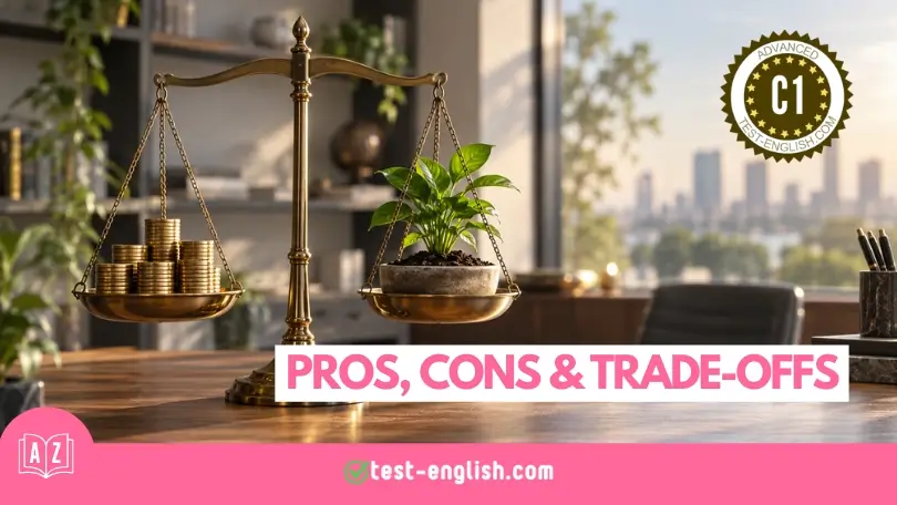Balance scales weighing coins against a plant for a C1 vocabulary lesson on advantages, disadvantages and trade-offs