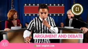 A referee separates two fictional political candidates during a debate for a C1 vocabulary lesson.