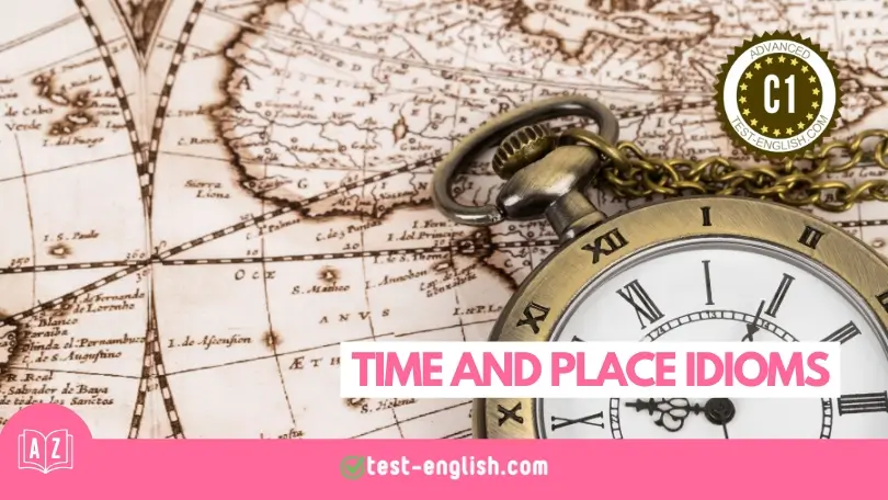 Vintage pocket watch on old world map for C1 vocabulary lesson on time and place idioms