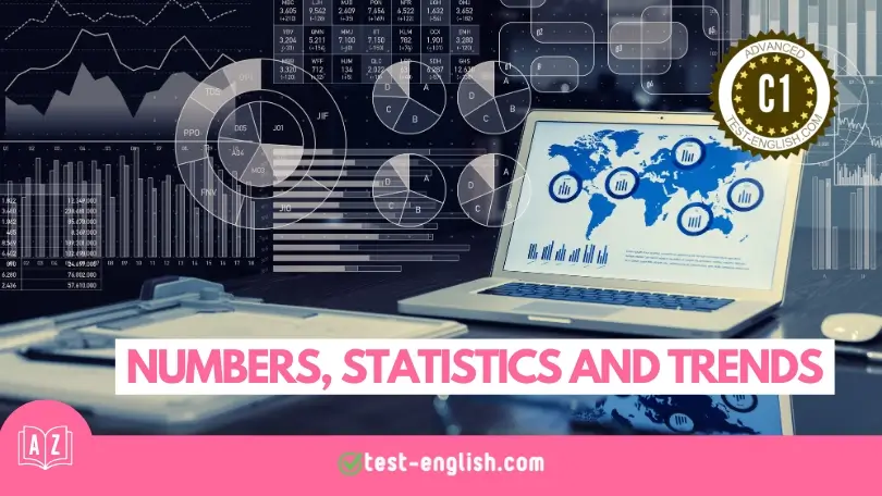 Laptop surrounded by charts and graphs for a C1 advanced vocabulary lesson on numbers, statistics and trends.