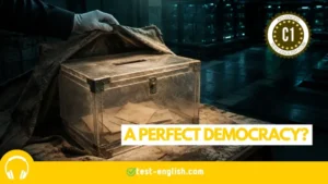 Old transparent ballot box in a futuristic archive for A Perfect Democracy, a C1 Advanced English listening test.