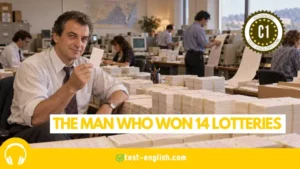 Lottery organiser holding a ticket among thousands of entries for a C1 English listening test