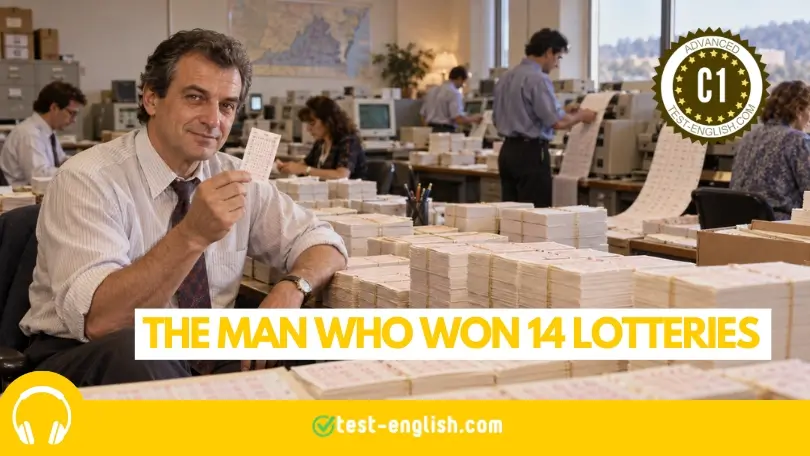 Lottery organiser holding a ticket among thousands of entries for a C1 English listening test