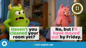 Cartoon monsters in a messy bedroom for a C1 grammar lesson on perfect tenses