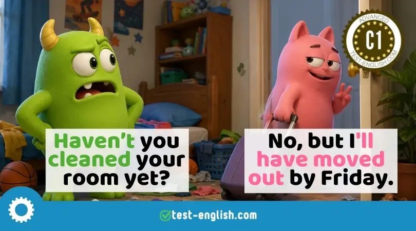 Cartoon monsters in a messy bedroom for a C1 grammar lesson on perfect tenses