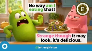 Image of two cartoon characters discussing a strange dish for a C1 advanced grammar lesson on inversion and fronting with exercises.