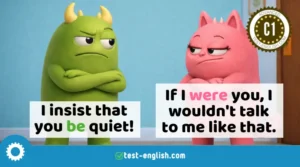 Cartoon monsters arguing using 'I insist that you be quiet' and 'If I were you' for C1 grammar lesson on the subjunctive