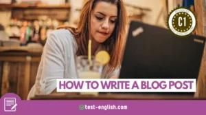 Woman writing a blog post on a laptop for a C1 English writing lesson.