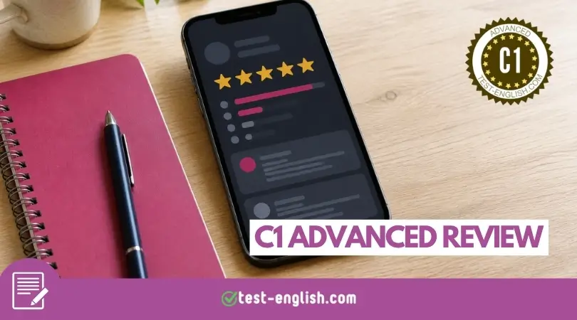 Five-star rating on a smartphone beside a notebook and pen for a C1 Advanced writing lesson on how to write a review.