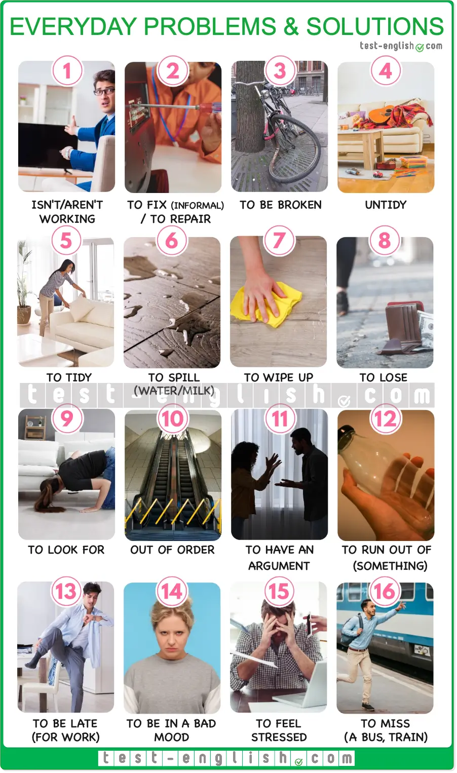 A2 vocabulary chart of everyday problems and solutions with real-life photos for English learners: broken, spill, out of order.