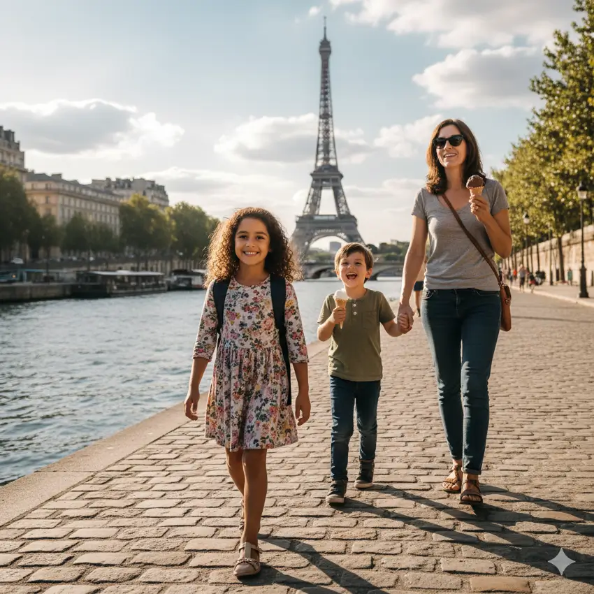 Mother and two children walking by the Seine with the Eiffel Tower behind them for A2 writing exercise on describing a photo