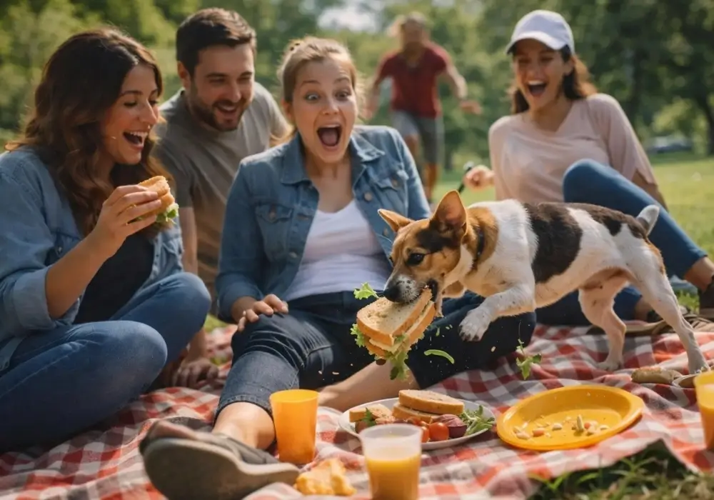 Friends having a picnic while a dog steals a sandwich for A2 writing exercise on describing a photo