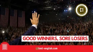 Image of a politician celebrating an election victory for a C1 English reading test on good winners, sore losers and democracy.