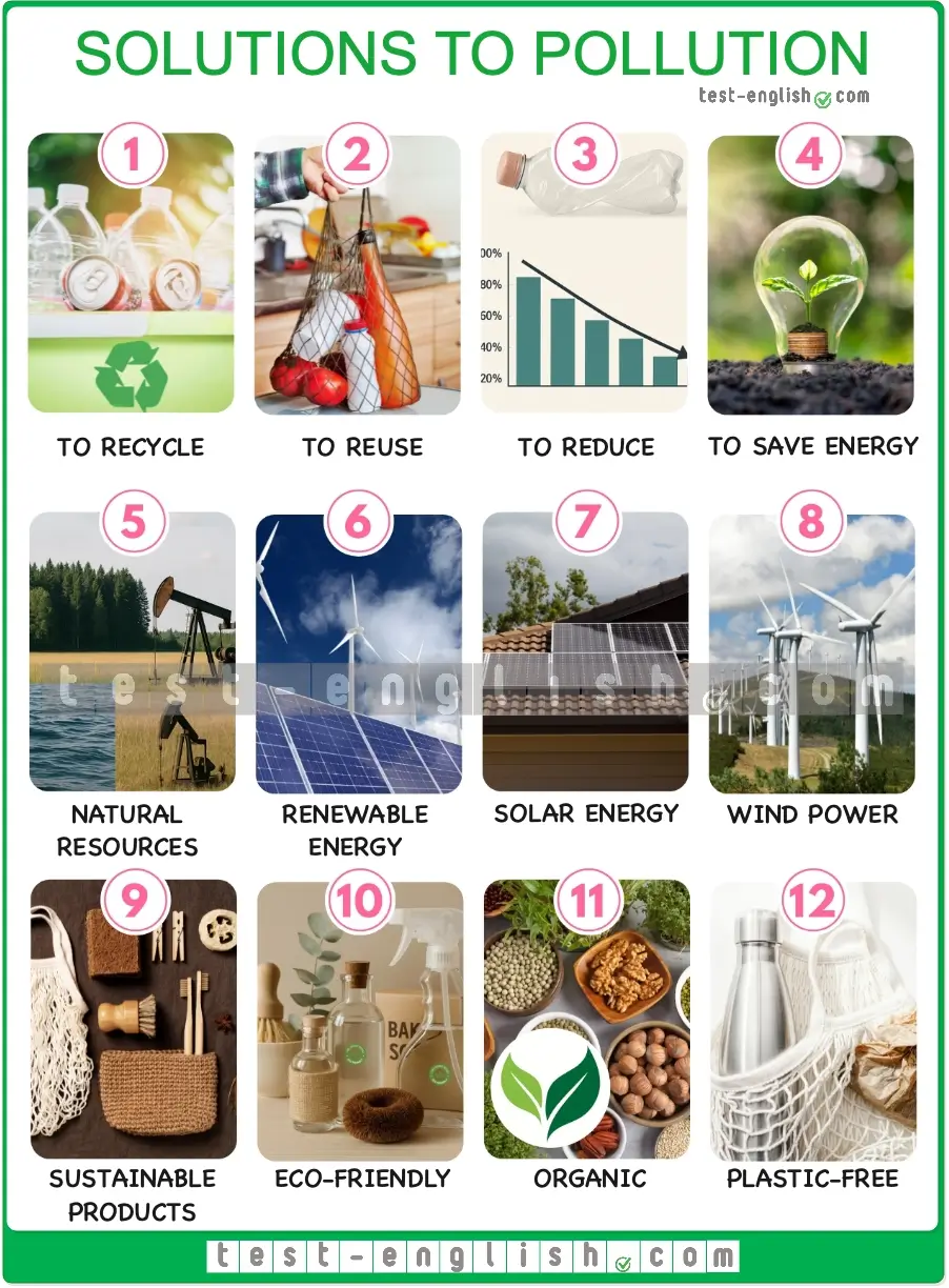 Vocabulary chart with 12 B1-level words about solutions to pollution, including recycle, reduce, renewable energy, and plastic-free.