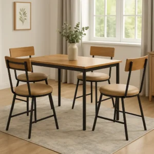 Wood and metal dining set with four chairs in a bright dining room