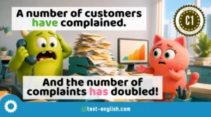 Cartoon characters handling complaints in an office for a C1 grammar lesson on subject-verb agreement.