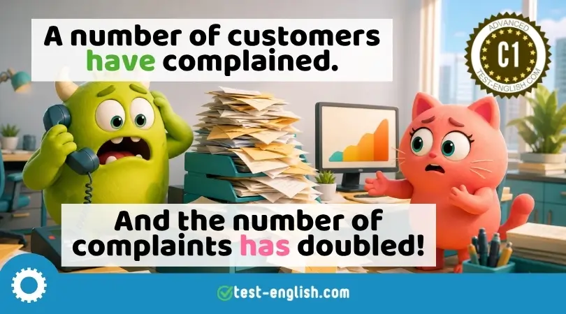 Cartoon characters handling complaints in an office for a C1 grammar lesson on subject-verb agreement.