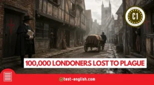 Great Plague of London street scene with marked houses and a covered cart for a C1 English reading test.