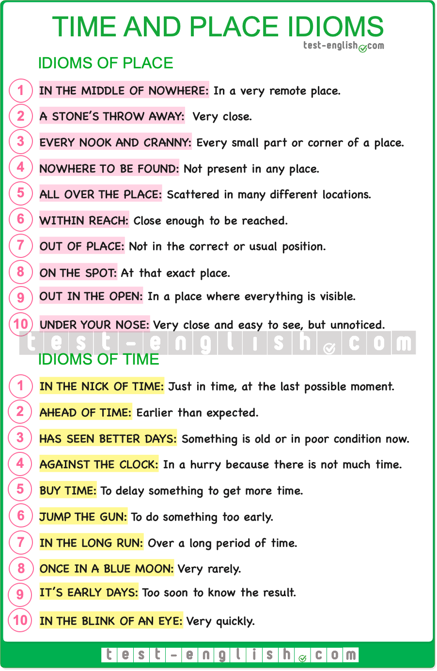 Chart with 20 time and place idioms with definitions for C1 English vocabulary lesson