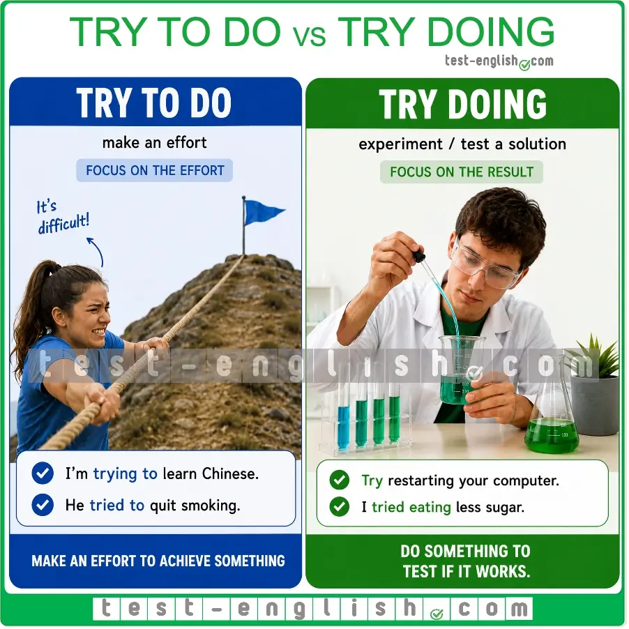 Test-English grammar chart explaining the difference between 'try to do' and 'try doing'