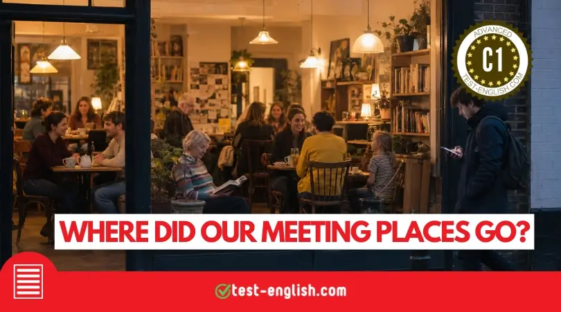 People socialising in a neighbourhood café for a C1 English reading test about meeting places and community.
